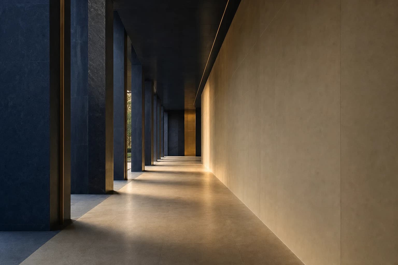 A modern stone corridor with a clear path of light
